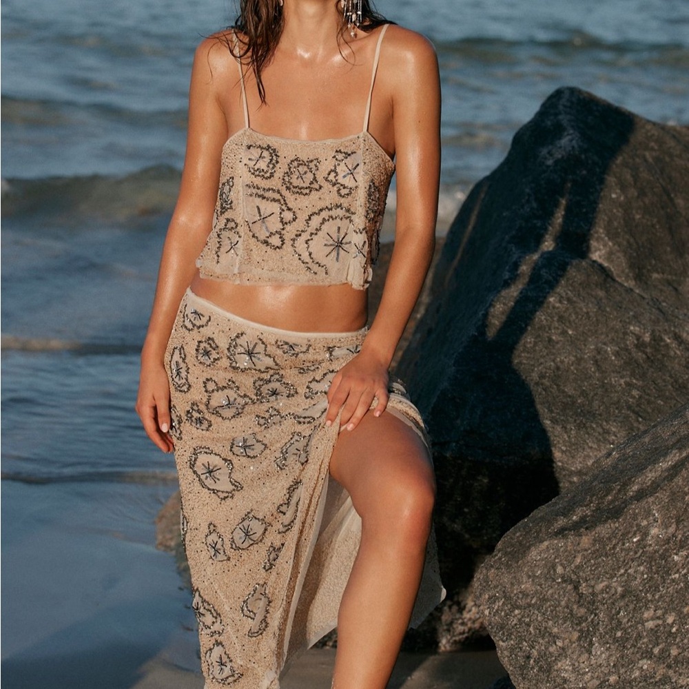 Free People Beige and Black Embroidered Set